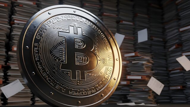 Cryptocurrency coin floating amidst stacks of files and documents in a dimly lit archive room - Powered by Adobe