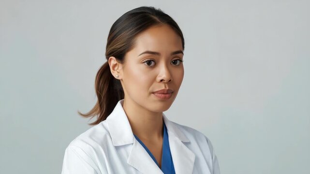 Young female doctor medical clinician portrait thoughtful looking aside white coat and blue scrubs