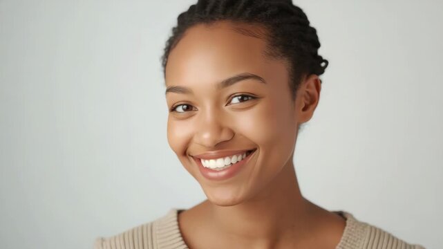 Young smiling woman portrait closeup with natural hair, braided style, warm studio smile and soft