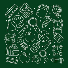 Back To School Chalkboard Pattern Background with School Icons Illustration