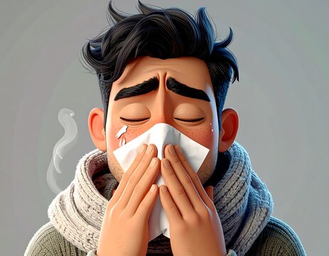 Animated, sad man with closed eyes blows his nose