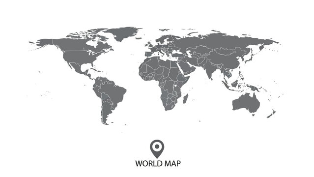 A detailed, gray-shaded world map showing country borders is presented above a small location pin graphic labeled 'WORLD MAP'.