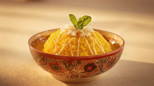 Golden tropical mango sticky rice dessert bowl with coconut drizzle, mint garnish, creamy rice