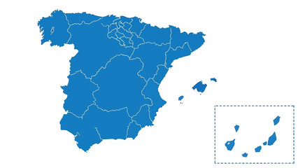 Obraz premium The political map of Spain is shown in solid blue with its internal autonomous communities clearly delineated on a white background.