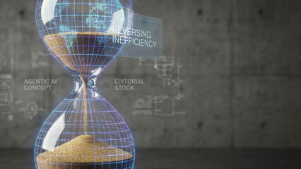 Agentic visual hourglass with sand falling representing time pressure and efficiency reversal