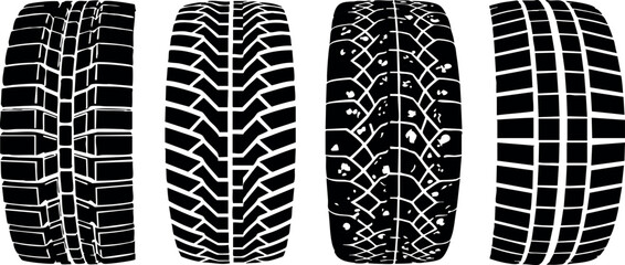 Tire tread patterns set vector illustration showing different types of tire designs for vehicles and off-road use
