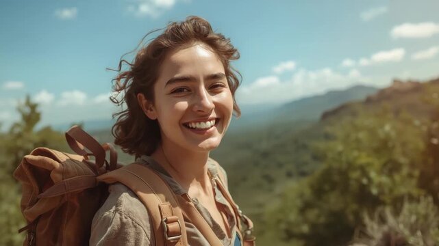 Young woman backpacker smiling on sunny mountain trail with backpack scenic mountain view sunlight