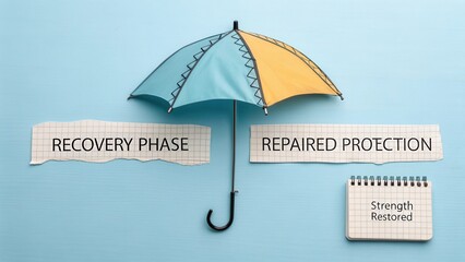 Creative Concept of Recovery Phase with Umbrella Symbolizing Protection and Strength Restoration on Blue Background