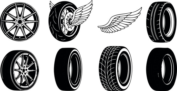 Car wheels and tires vector set with winged wheel and various tire tread patterns in black and white design