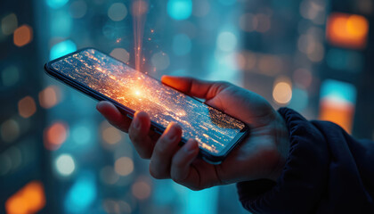 Close up hand holds smartphone showing bright digital network. Futuristic city lights bokeh background. Glowing data stream. Modern tech connection.
