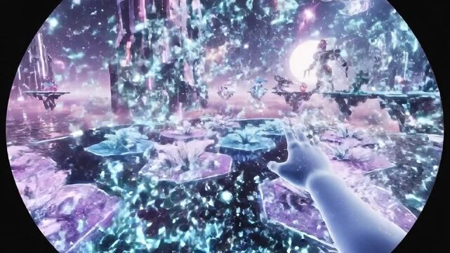 Immersive First-Person View of a Luminous Futuristic Metaverse Cityscape with Towering Crystalline Structures and Floating Platforms, Explored by a Glowing Hand in a Vibrant Sci-Fi Fantasy Digital Wo.