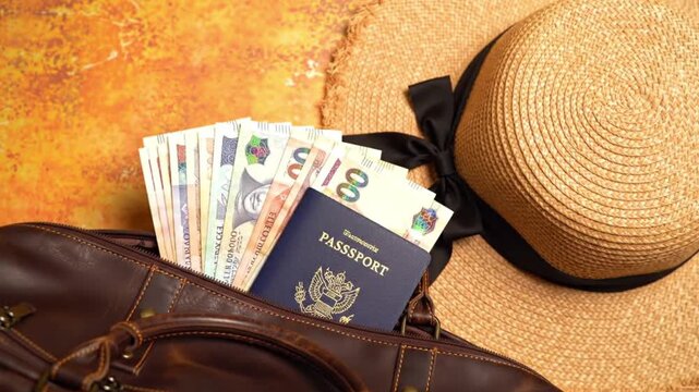 A brown leather bag with a passport and money on an orange background