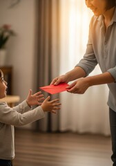 A young woman provides holding a red envelope to child at home