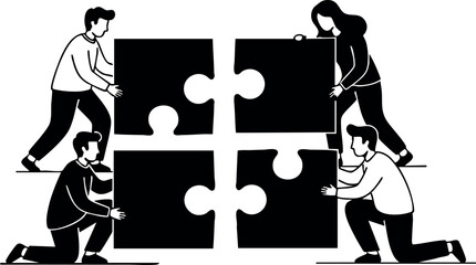 Teamwork collaboration concept with people assembling large puzzle pieces for problem solving and cooperation
