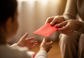 A close-up of a woman&rsquo;s hands with beautiful nails holding a red envelope for a holiday celebration surprise