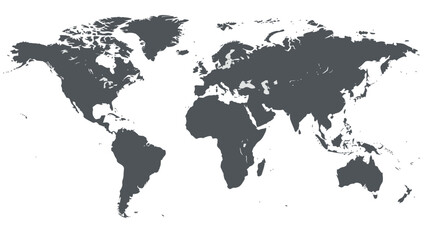 Obraz premium A dark gray silhouette map of the entire world continents is isolated on a clean white background for global concept representation.