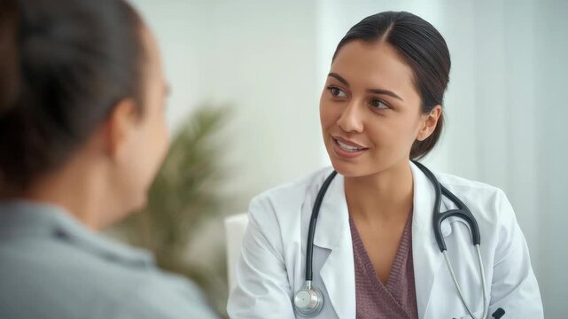 Young female physician doctor with stethoscope consulting and smiling during empathetic clinic