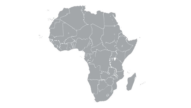 Gray map silhouette of the African continent showing internal country borders on a white background for geographical study.