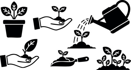Plant Growth and Gardening Tools Vector Illustration with Hands Watering and Caring for Seedlings in Pot and Soil