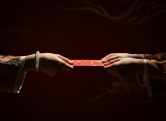 close-up red envelope exchange, dramatic side lighting, in dark red background
