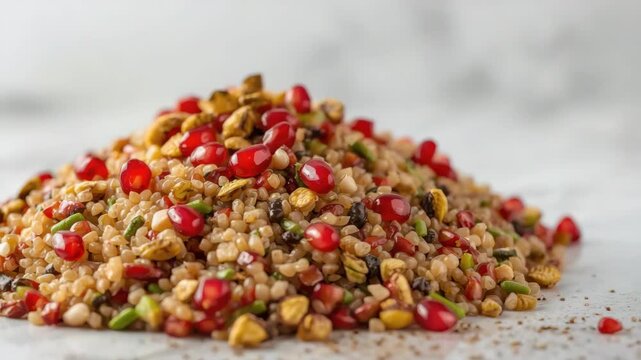 Toasted grain, pomegranate, pistachio salad with bulgur freekeh blend and bright vibrant textures
