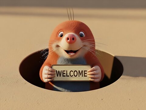A cute cartoon mole pops from its hole holding a welcome sign.