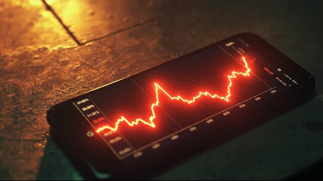Smartphone displaying a falling stock market graph, digital finance concept.