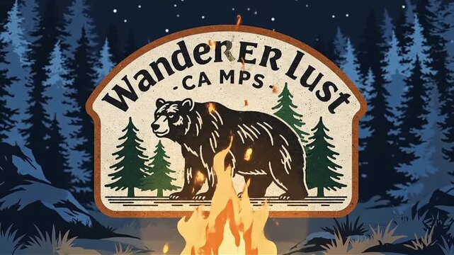 Wanderer Lust Camping Logo Design Featuring a Bear and Campfire Illustration