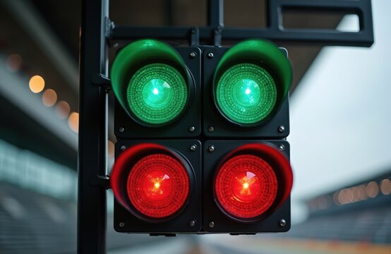 Racing start lights show green and red signals. Cars ready for competition on circuit. Race begins with signal change, end signaled by last light.