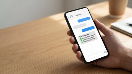 Ai autonomous workflow delegation agentic phone hand chat screen, smartphone assistant notification feels efficient and calm