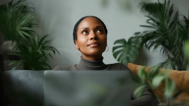 Thoughtful woman portrait on sofa with laptop and indoor plant, relaxed smiling pose