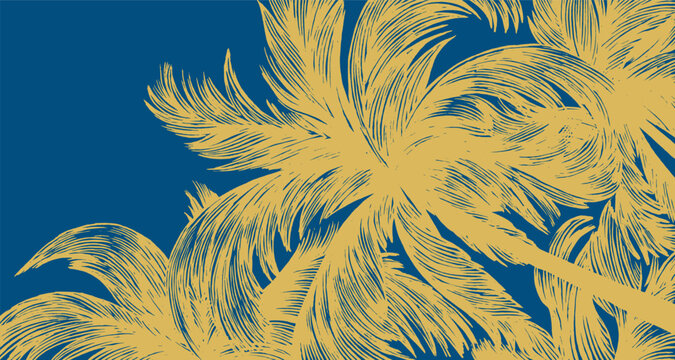 Elegant hand-drawn coconut palm fronds in a golden-yellow hue against a deep blue background. Stylized tropical botanical illustration with fine-line textures and copy space.