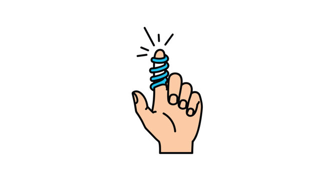 Simple cartoon icon of a hand with a blue string tied around the index finger as a reminder to not forget something important.