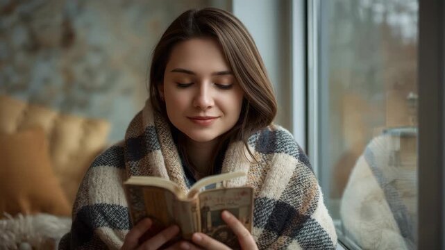 Young woman wrapped in cozy plaid blanket reading book by window indoor, calm relaxed reading scene