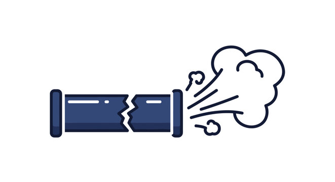 Vector icon of a broken blue pipe with a crack, leaking steam or gas under pressure, symbolizing a plumbing emergency or failure.
