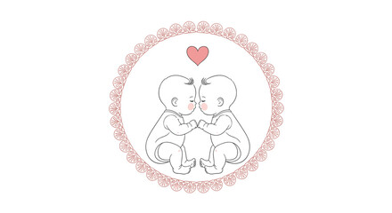 Obraz premium Delicate line art drawing of two adorable twin babies sitting face to face under a pink heart, framed by a lace border.