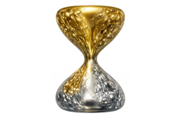 Golden and silver hourglass with textured flowing sand representing time passing, measurement, and deadlines on transparent background