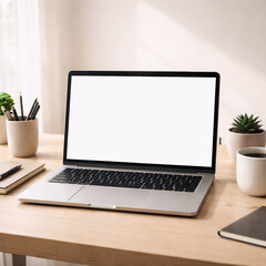 Fototapeta premium Laptop with Blank Screen on Modern Home Office Desk in Natural Light