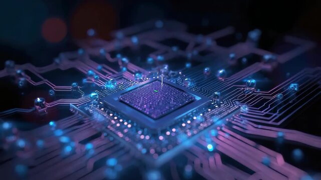 High performance microchip glowing with neon circuits printed circuit motherboard semiconductor