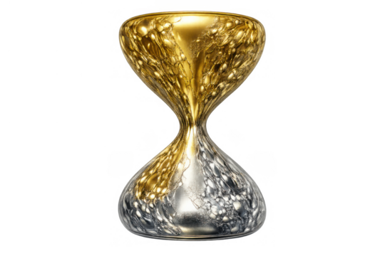 Golden and silver hourglass with textured flowing sand representing time passing, measurement, and deadlines on transparent background - Powered by Adobe