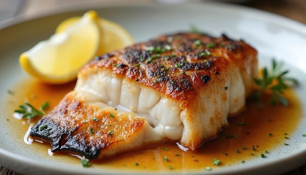 Charcoal grilled grouper fillet steams on a plate with lemon slices. Delicious white fish has crispy golden char lines. Flaky texture is evident with herbs. Gourmet seafood.