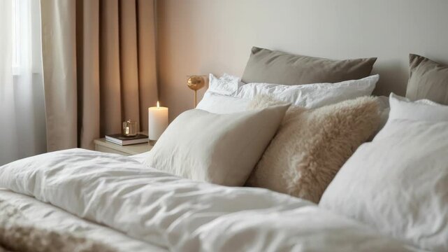 Cozy neutral bedroom bed with layered pillows duvet blanket cushion linen soft candlelight warm
