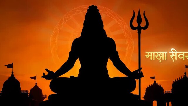 Meditating person silhouette with trishul against orange background