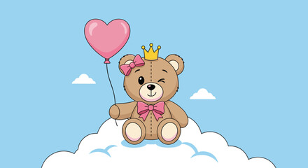 Adorable teddy bear princess with a crown and pink bows sitting on a fluffy white cloud, holding a heart-shaped balloon.