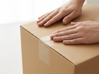 A pair of hands taping a brown box for packaging