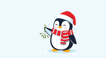Naklejka premium Festive Christmas penguin wearing a Santa hat and a striped scarf, smiling happily while holding a sprig of mistletoe.