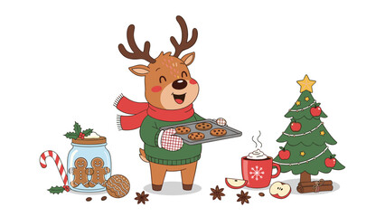 Naklejka premium Adorable cartoon reindeer wearing a green sweater and red scarf holding a tray of freshly baked cookies near a small christmas tree.