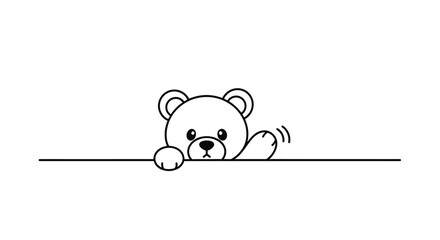 Minimalist line art of a cute teddy bear peeking over a line and waving its paw in a friendly greeting on white.