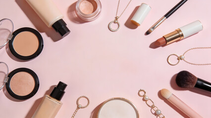 Beauty Flat Lay with Makeup and Jewelry on Soft Pink Background