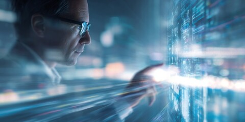 Futuristic Businessman Interacting with Data Visualization Interface Representing Analytics, Strategy, Technology, and Insights in Modern Digital Environment